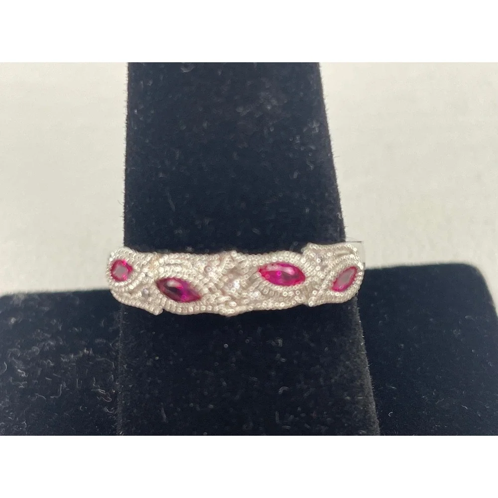 Vintage Style Marquise Ruby Red CZ Silver Tone Milgrain Eternity Band Ring